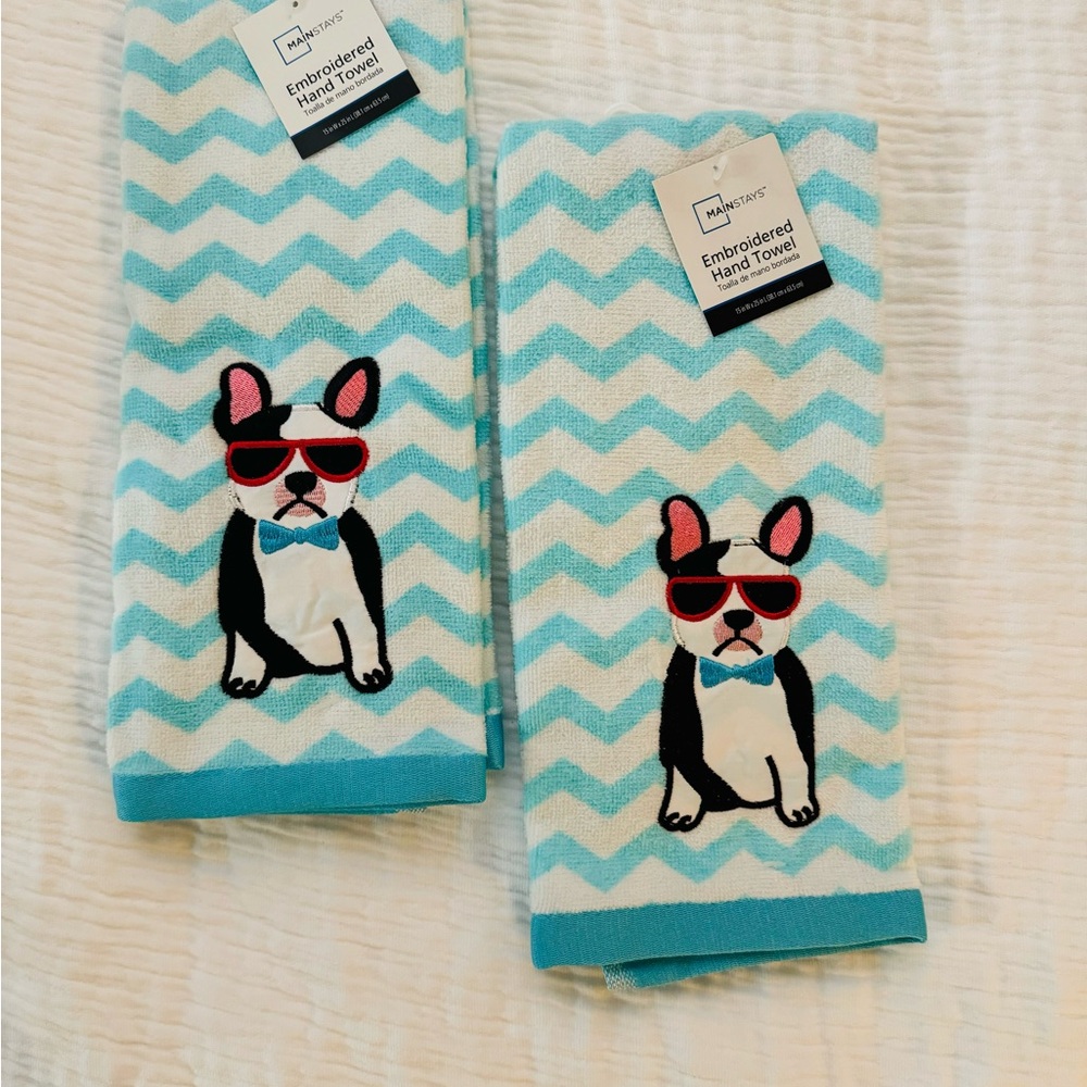 Embroidered French puppy Hand/ Tea towels